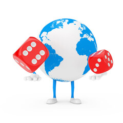 Poster - Earth Globe Character Mascot with Red Game Dice Cubes in Flight. 3d Rendering
