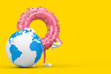 Poster - Big Strawberry Pink Glazed Donut Character Mascot with Earth Globe. 3d Rendering