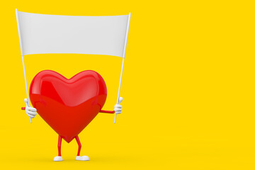 Poster - Red Heart Character Mascot and Empty White Blank Banner with Free Space for Your Design. 3d Rendering