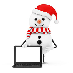 Aufkleber - Snowman in Santa Claus Hat Character Mascot and Modern Laptop Notebook Computer with Blank Screen for Your Design. 3d Rendering