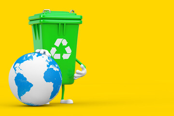 Poster - Recycle Sign Green Garbage Trash Bin Character Mascot with Earth Globe . 3d Rendering