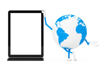 Poster - Earth Globe Character Mascot with Blank Trade Show LCD Screen Stand as Template for Your Design. 3d Rendering