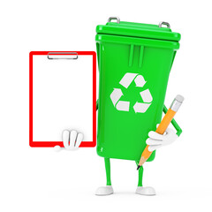 Poster - Recycle Sign Green Garbage Trash Bin Character Mascot with Red Plastic Clipboard, Paper and Pencil. 3d Rendering
