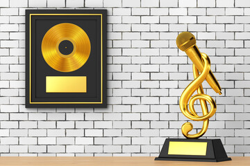 Wall Mural - Golden Music Treble Clef with Microphone Award Trophy and Golden Vinyl or CD Prize Award with Label in Black Frame . 3d Rendering