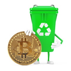 Poster - Recycle Sign Green Garbage Trash Bin Character Mascot with Digital and Cryptocurrency Golden Bitcoin Coin. 3d Rendering