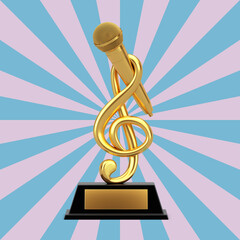 Aufkleber - Golden Music Treble Clef with Microphone Award Trophy on a Vintage Star Shape background . 3d Rendering