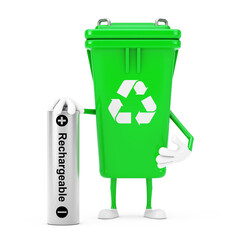 Poster - Recycle Sign Green Garbage Trash Bin Character Mascot with Rechargeable Battery. 3d Rendering