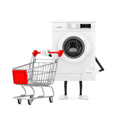 Aufkleber - Modern White Washing Machine Character Mascot with Shopping Cart Trolley. 3d Rendering