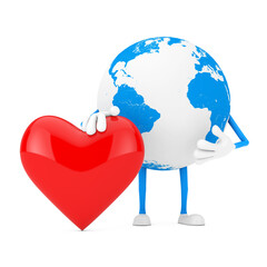 Aufkleber - Earth Globe Character Mascot with Red Heart Icon. 3d Rendering