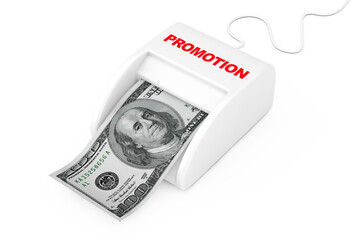 Aufkleber - Make Money with Promo Concept. Money Maker Promotion Machine with Dollars Banknote. 3d Rendering