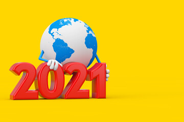 Aufkleber - Earth Globe Character Mascot with 2021 New Year Sign. 3d Rendering