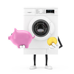 Aufkleber - Modern White Washing Machine Character Mascot with Piggy Bank and Golden Dollar Coin. 3d Rendering