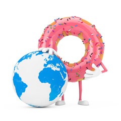 Poster - Big Strawberry Pink Glazed Donut Character Mascot with Earth Globe. 3d Rendering