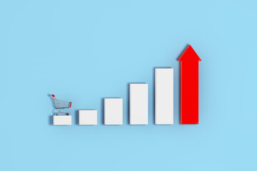 Fototapete - Growing Bars and Red Arrow Chart Graph Diagram with Shopping Cart. 3d Rendering