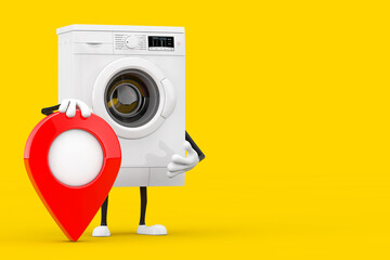 Poster - Modern White Washing Machine Character Mascot with Red Map Pointer Target Pin. 3d Rendering