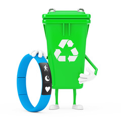 Poster - Recycle Sign Green Garbage Trash Bin Character Mascot with Blue Fitness Tracker. 3d Rendering