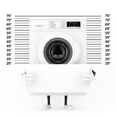 Aufkleber - Modern White Washing Machine Character Mascot with Identification Plate in front of Police Lineup or Mugshot Background. 3d Rendering