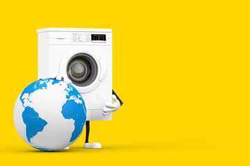 Poster - Modern White Washing Machine Character Mascot with Gift Box with Earth Globe. 3d Rendering