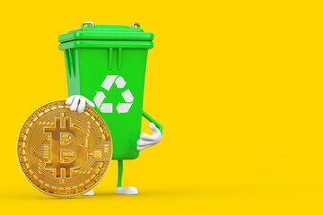 Poster - Recycle Sign Green Garbage Trash Bin Character Mascot with Digital and Cryptocurrency Golden Bitcoin Coin. 3d Rendering