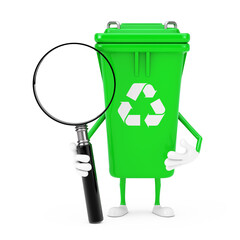 Poster - Recycle Sign Green Garbage Trash Bin Character Mascot with Magnifying Glass. 3d Rendering