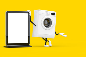 Poster - Modern White Washing Machine Character Mascot with Blank Trade Show LCD Screen Stand as Template for Your Design. 3d Rendering