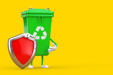 Poster - Recycle Sign Green Garbage Trash Bin Character Mascot with Red Metal Protection Shield. 3d Rendering