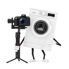 Leinwandbilder - Modern White Washing Machine Character Mascot with DSLR or Video Camera Gimbal Stabilization Tripod System. 3d Rendering