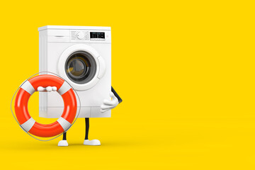 Aufkleber - Modern White Washing Machine Character Mascot with Life Buoy. 3d Rendering