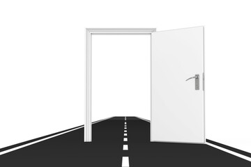 Poster - Freedom Concept. Opened White Door over Asphalt Road. 3d Rendering