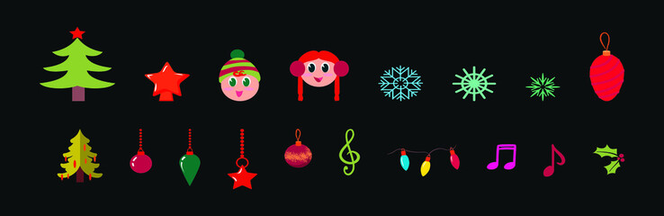 set of christmas element cartoon icon design template with various models. vector illustration isolated on black background