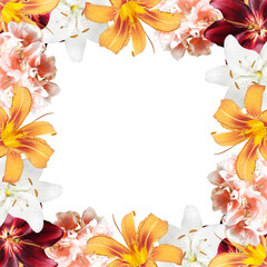 Fotomurales - Beautiful flower frame made of lilies and pelargonium. Isolated