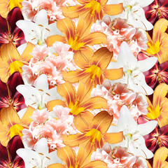 Fotomurales - Beautiful floral background of lilies and pelargoniums. Isolated