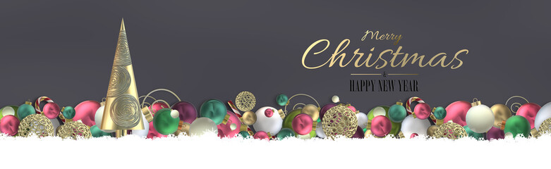 Wall Mural - Horizontal Xmas background banner on dark grey with Christmas symbol 3D realistic shiny red green gold balls on grey brown background. Text Merry Christmas Happy New Year. Holiday design in 3D render