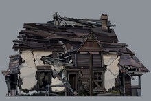 Painted Ancient Dilapidated Two Story Wooden House