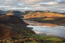 Beautiful Morning Light On Lake District Mountains With Calm Ullswater Lake, Taken From Hallin Fell.