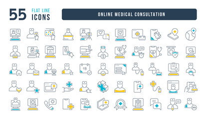 Wall Mural - set of linear icons of online medical consultation