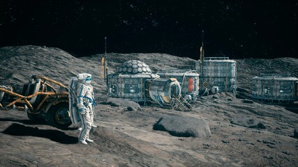 Wall Mural - astronauts near their lunar rover admire the lunar base of their lunar colony. view of the lunar sur
