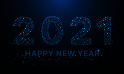 Wall Mural - 2021 New Year illustration made by points and lines, polygonal wireframe light connection structure on night sky, dark blue background. Low poly greeting card. Vector.glowing blue.