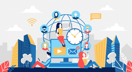 Poster - Social media worldwide network concept vector illustration. Cartoon people networking and meeting online, working or communicating with friend. Global communication, connection around world background