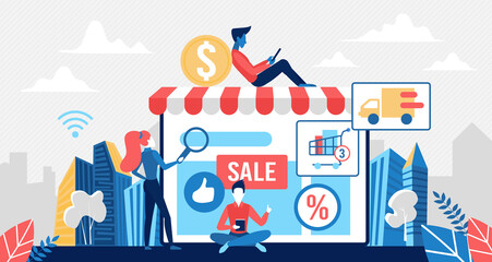 Poster - Sales in online retail store, ecommerce concept vector illustration. Cartoon tiny people using shop app in mobile devices for shopping, order in internet, discounts commercial offer background