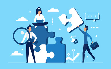 Poster - Business teamwork concept vector illustration. Cartoon businessman and businesswoman work, office workers collect puzzle jigsaw together, building partnership strategy and integration flat background