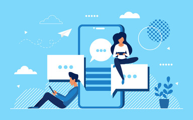 Aufkleber - People communicate in online social network vector illustration. Cartoon man woman characters networking, communicating in chat dialog bubbles on mobile phone screen, internet communication background