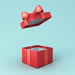 Poster - Open present box or red gift box with red ribbons and bow isolated on green blue pastel color background with shadow 3D rendering