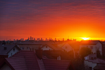 Wall Mural - The view of the sky with different states of nature, at dawn and at dusk with dramatic red clouds, sunshine and beautiful sunsets and sunrises.	