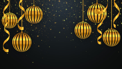 Wall Mural - Christmas background with golden christmas decorations. New Year background. Vector illustration