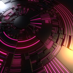 Aufkleber - 3d rendering dark circular geometric pattern with glowing elements. Modern design. Depth of field. Digital illustration