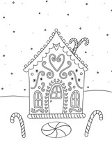 Coloring page with gingerbread house in snow and two candy canes