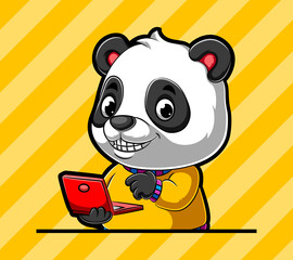 Wall Mural - The teacher panda holding the new red laptop with the happy smile in his face