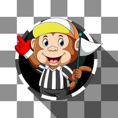 Sticker - The monkey as referee of the race holding the white flag in his hands out from the round frame