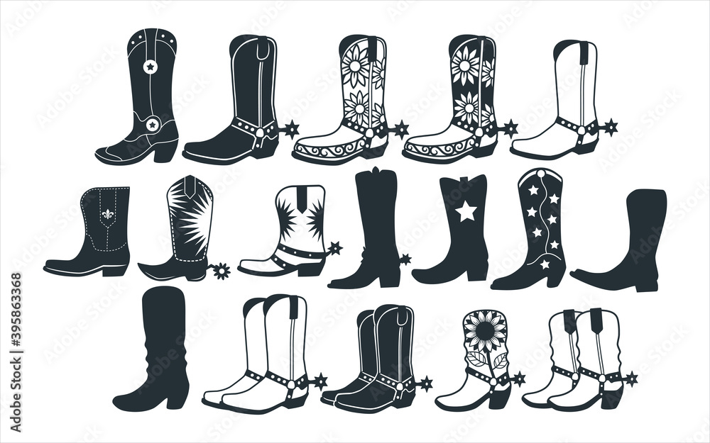 assorted cowboy boots vector graphic design template set for sticker, decoration, cutting and print file - obrazy, fototapety, plakaty 